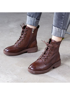 Round Toe Flat Ankle Boots With Shoelace