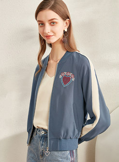 V-neck Embroidered Color Block Short Jacket