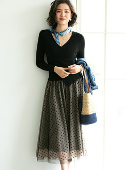 Black Knitted Patchwork Mesh Polka Dot Midi Dress