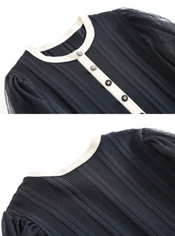 Black 3/4 Sleeve Mesh Patchwork Midi Dress