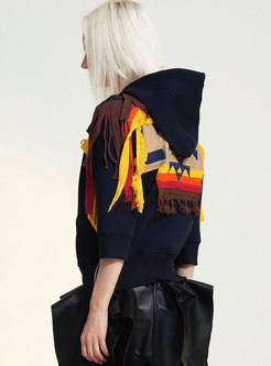Color Block Fringed Patchwork Pullover Hoodie