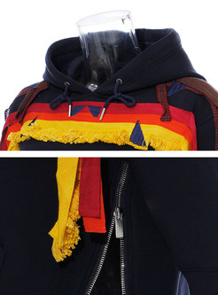 Color Block Fringed Patchwork Pullover Hoodie