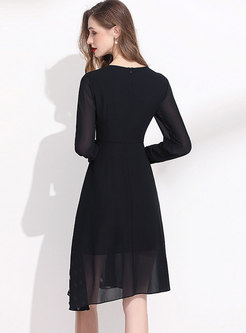 Black Polka Dot Patchwork Knee-length Dress
