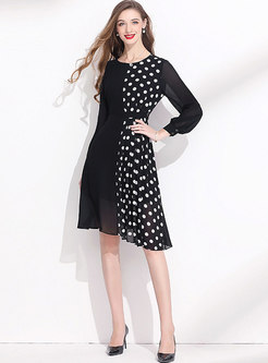 Black Polka Dot Patchwork Knee-length Dress