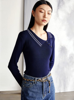 Lapel Buttoned Pullover Slim Sweater