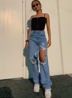 High Waisted Denim Straight Ripped Pants