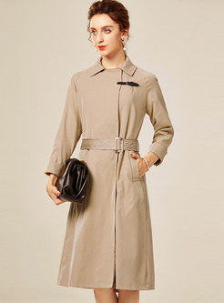 Turn Down Collar Belted Knee-length Trench Coat