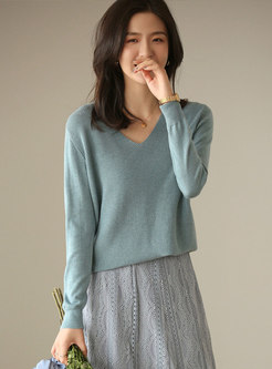 Solid Color V-neck Pullover Loose Sweater