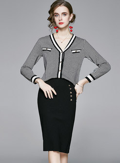 V-neck Plaid Bodycon Sweater Skirt Suits