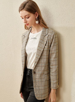 Notched Plaid Long Sleeve Buttoned Blazer