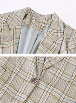 Notched Plaid Long Sleeve Buttoned Blazer