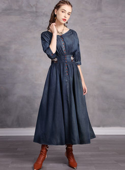 3/4 Sleeve Denim Embroidered Maxi Dress