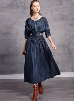 3/4 Sleeve Denim Embroidered Maxi Dress