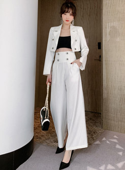 Notched Stripe High Waisted Wide Leg Pant Suits