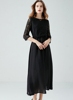 Black Lace Openwork Patchwork Chiffon Maxi Dress