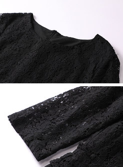 Black Lace Openwork Patchwork Chiffon Maxi Dress