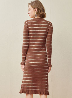 Long Sleeve Striped Lettuce Knitted Sheath Dress