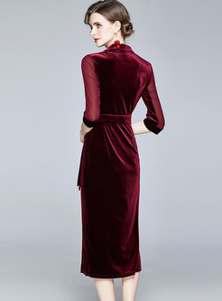 3/4 Sleeve Velvet Sheath Slit Midi Dress