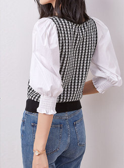 Square Neck Puff Sleeve Patchwork Sweater