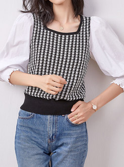 Square Neck Puff Sleeve Patchwork Sweater