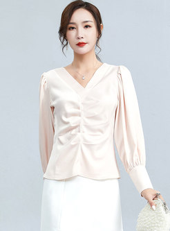 Cross V-neck Pullover Ruched Chiffon Blouse