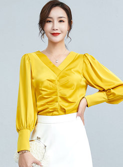 Cross V-neck Pullover Ruched Chiffon Blouse