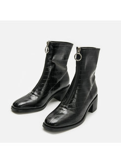 Rounded Toe Front Zipper Chunky Heel Short Boots