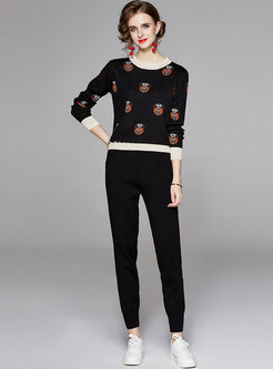 Color Block Pullover Embroidered Knitted Pant Suits
