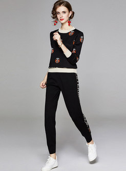 Color Block Pullover Embroidered Knitted Pant Suits