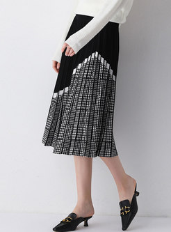 Color Block Houndstooth Pleated Skirt
