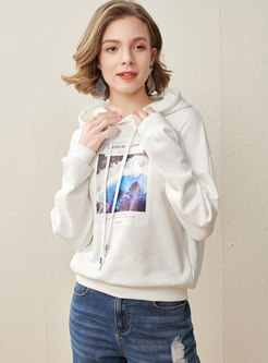 Casual Print Pullover Drawstring Hoodie