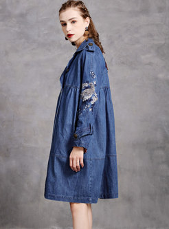 Lapel Denim Embroidered Straight Trench Coat