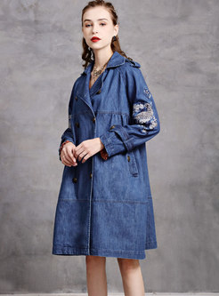 Lapel Denim Embroidered Straight Trench Coat