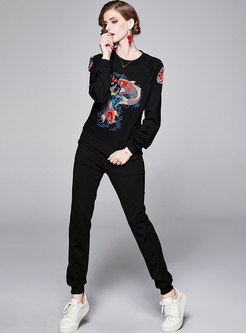 Casual Pullover Embroidered Two Piece Pants Suits