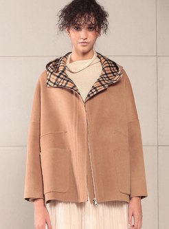 Hooded Plaid Straight Wool Overcoat