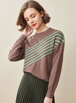 Color Block Striped Crew Neck Sweater