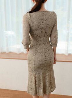 3/4 Sleeve Lace Peplum Sheath Midi Dress