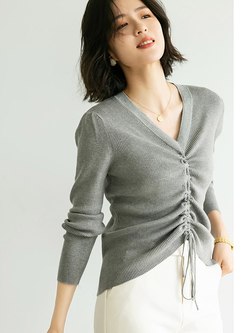 V-neck Drawstring Pullover Short Sweater