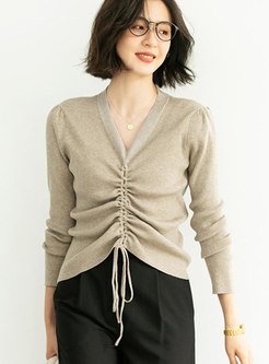 V-neck Drawstring Pullover Short Sweater