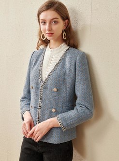 Tweed Plaid V-neck Long Sleeve Coat