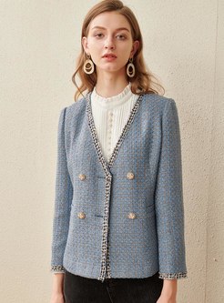 Tweed Plaid V-neck Long Sleeve Coat