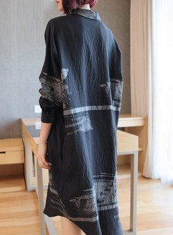 Black Lapel Print Shift Shirt Dress