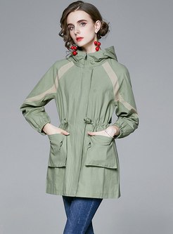 Hooded Color Block Drawstring Trench Coat