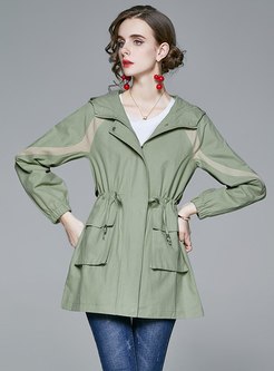 Hooded Color Block Drawstring Trench Coat