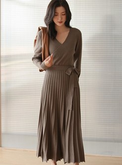 Solid Color A Line Pleated Sweater Dress