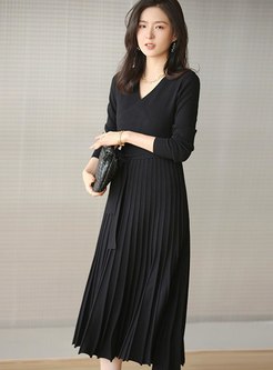 Solid Color A Line Pleated Sweater Dress