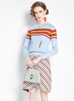 Crew Neck Striped Sweater Skirt Suits