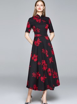 Mandarin Collar Print Big Hem Maxi Dresses