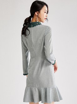 Lapel Lace Patchwork Ruffle Sheath Mini Dress