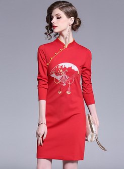 Mandarin Collar Embroidered Cheongsam Dress